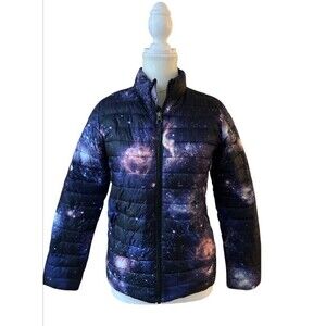 Lands End ThermoPlume Packable Insulated Puffer Coat Purple Black Galaxy Cosmo